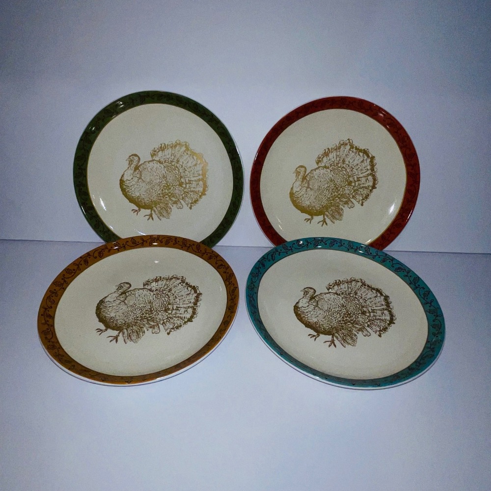 222 Fifth Safra Thanksgiving Turkey Salad Plates Set of 4 Assorted Colored Rims